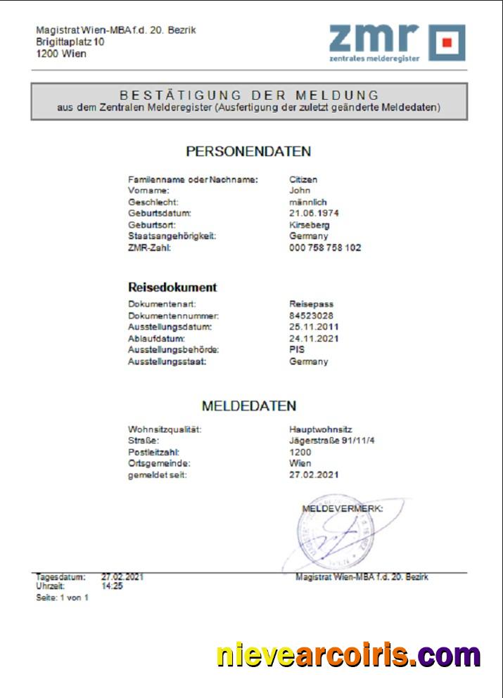 Austria ZMR Zentrales Melderegister Central register of residents document